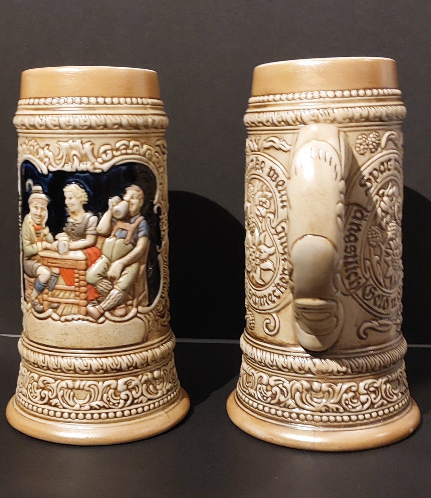Vintage Ceramarte Brazil Beer Stein Set Of 2 German Tavern Scene Relief Mugs