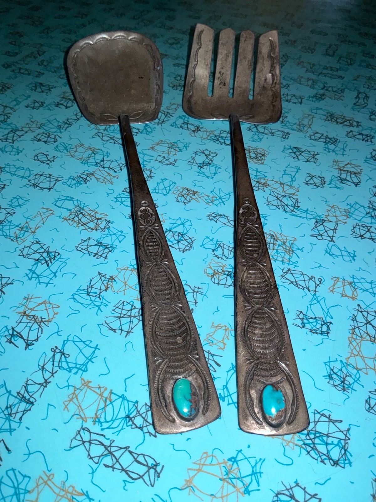 Rare Old Pawn Navajo Silver Stamped Spoon Fork Serving Set - Turquoise - 10 1/4\