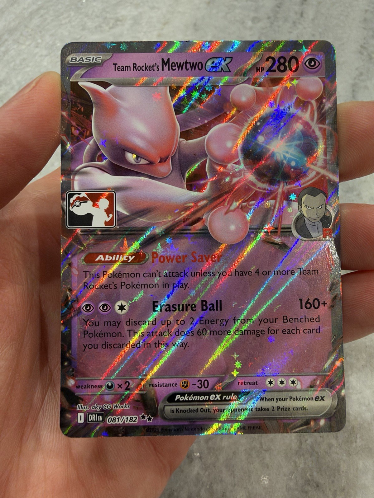 Team Rocket's Mewtwo ex 081/182 Holo Prize Pack Series 8 League Stamp Very Clean
