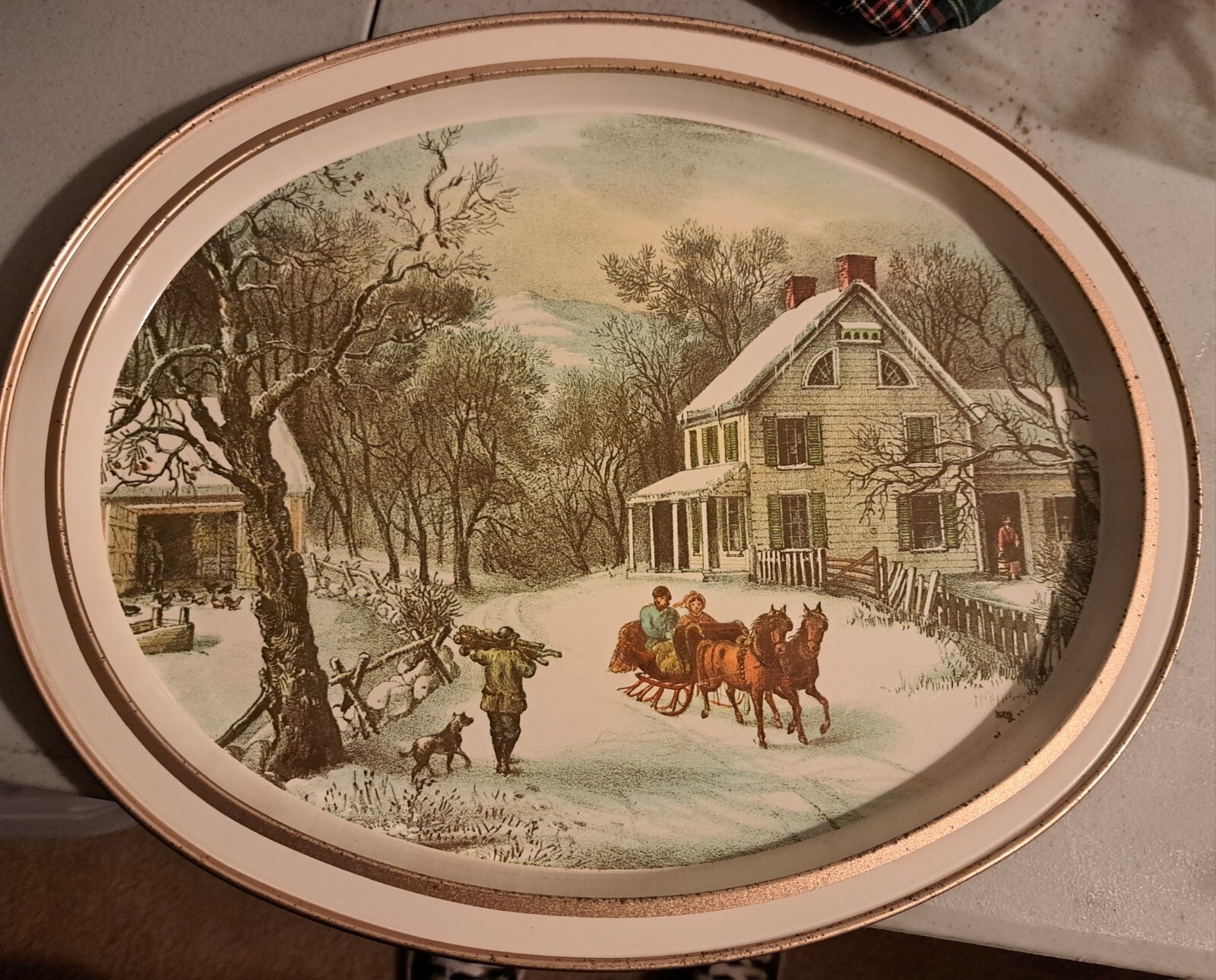 Vintage Currier And Ives The American Homestead Winter Serving Tray