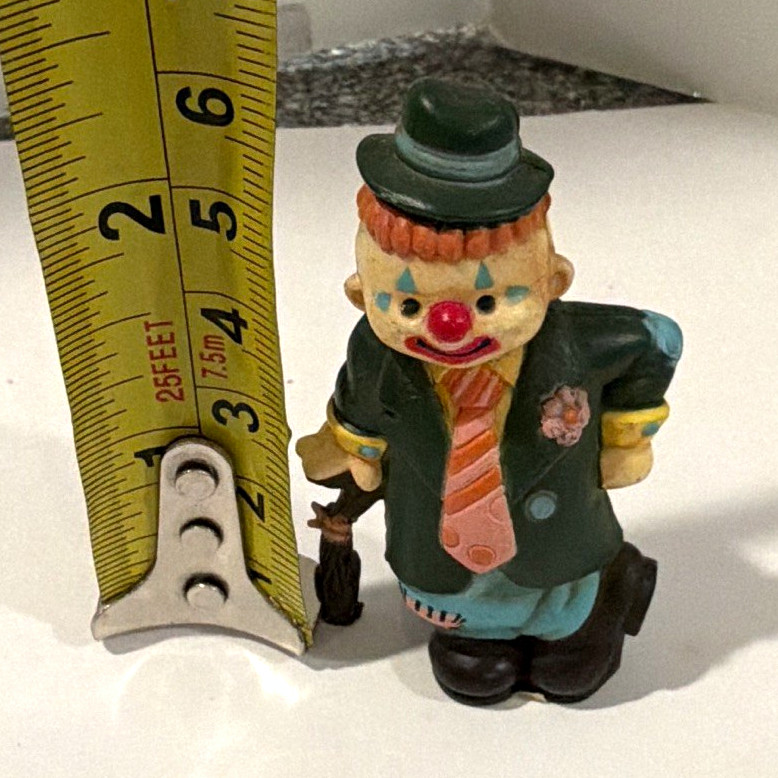 VTG Enesco Ceramic Hobo Clown Figurine Leaning on Umbrella Green Coat