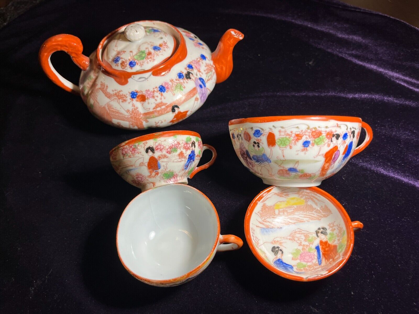 Japanese Vintage Geisha Kutani Porcelain Antique Tea Cup 4 Piece Set
