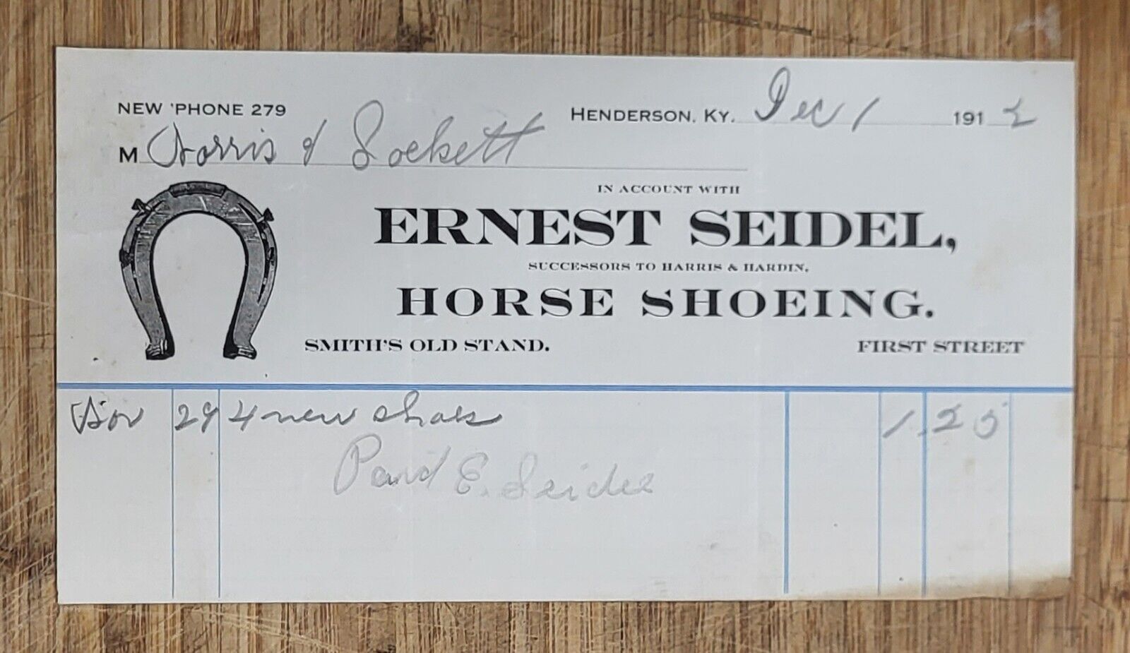 1912 Billhead Kentucky Henderson Ernest Seidel Horse Shoeing
