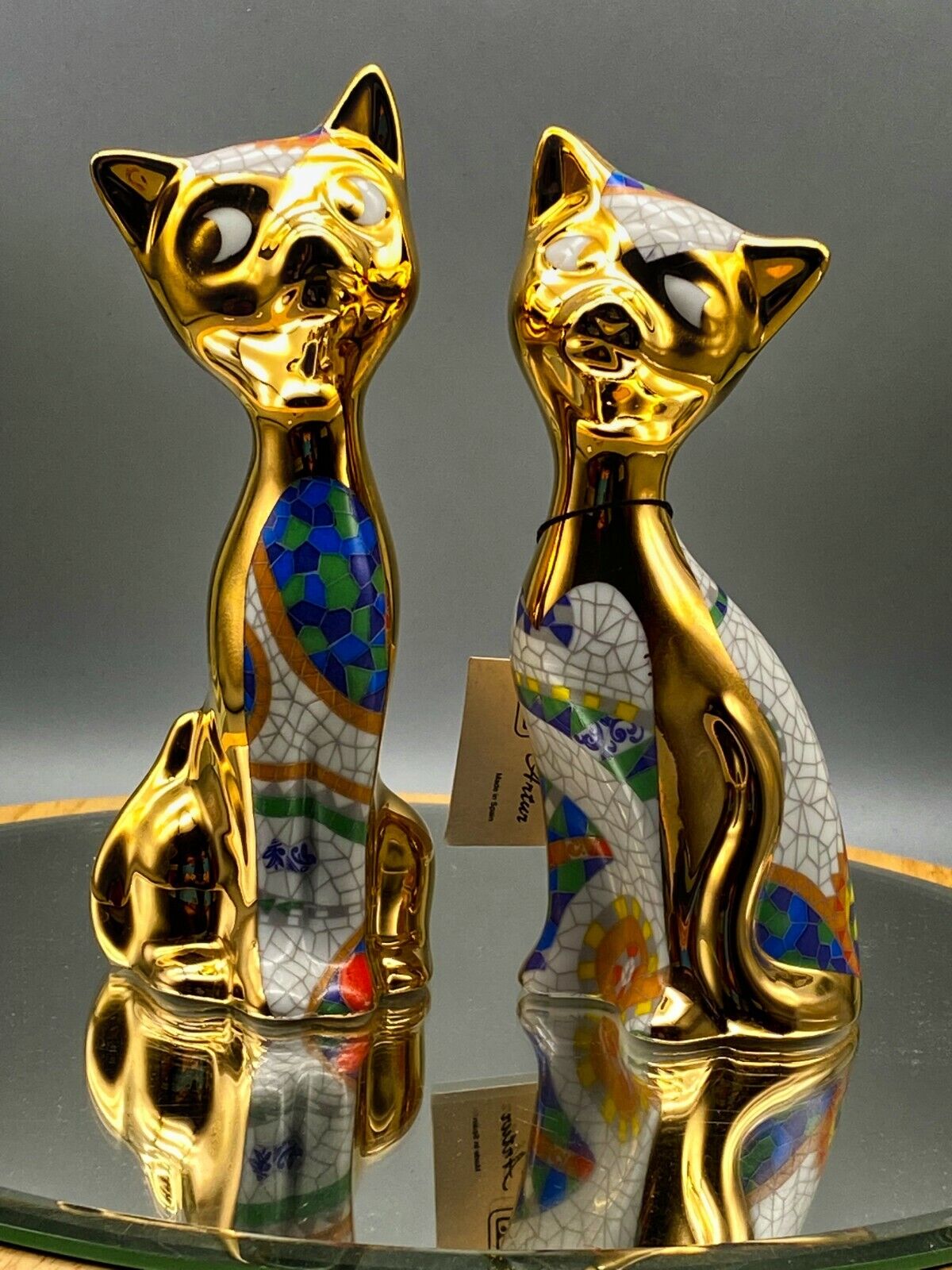 Vintage 24k gold plated two cats porcelain figurines Gual Art with Certificate