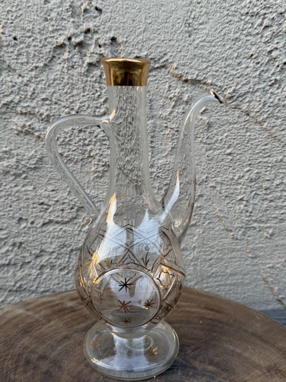 Vintage Bohemian Czech Glass Decanter Ewer Hand Painted 24K Gold Mid Century