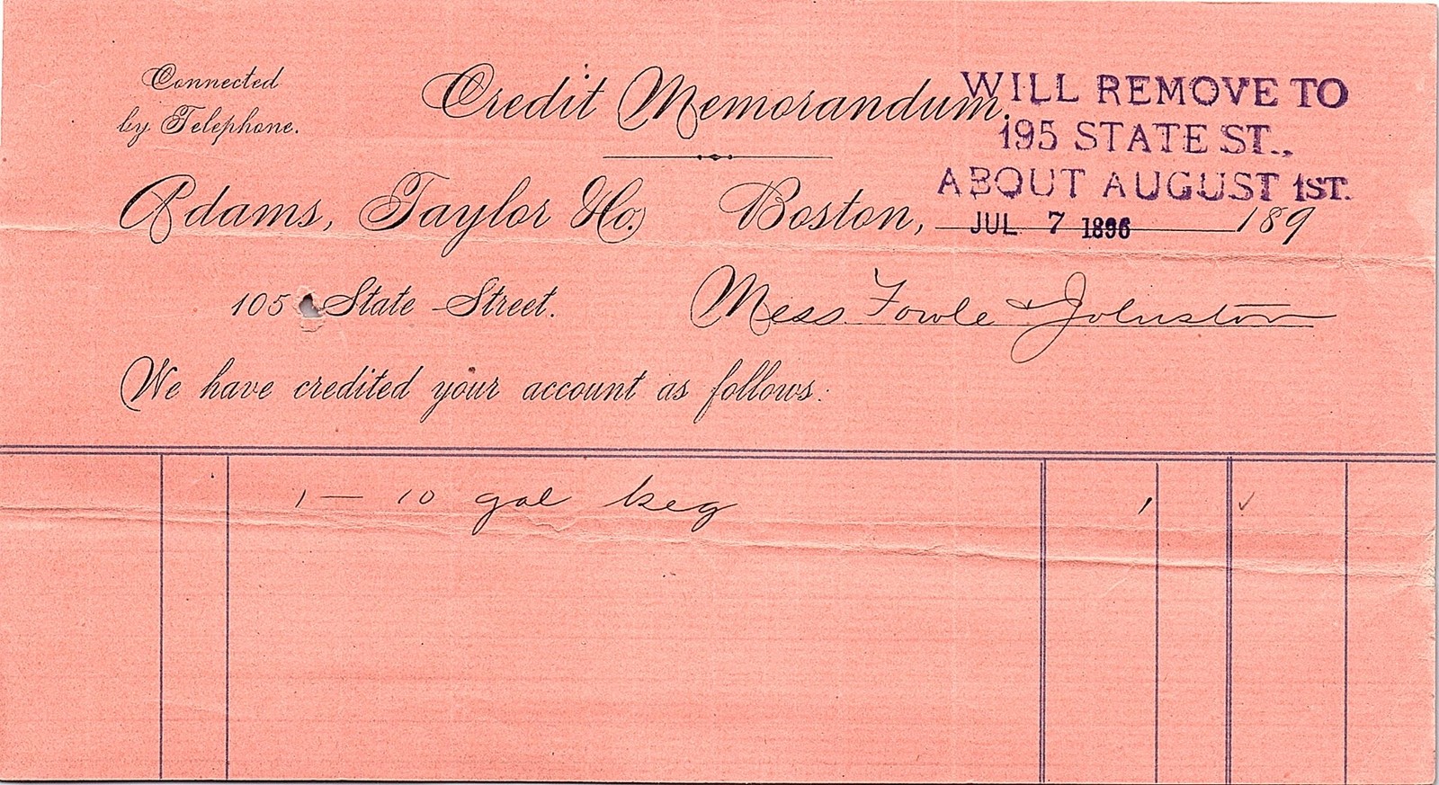 1898 Boston Adams, Taylor & Co. Credit Memo