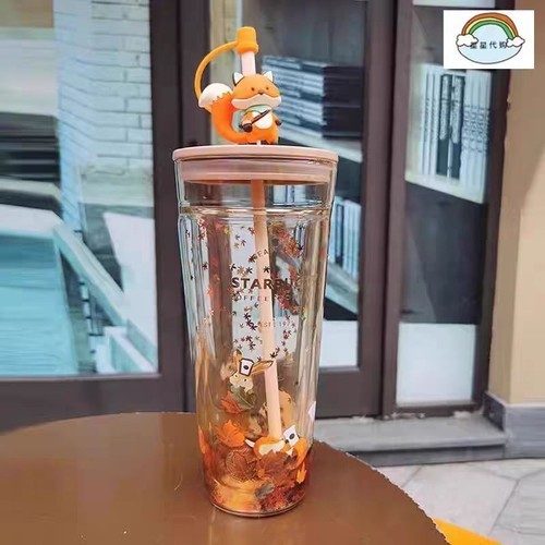 Starbucks Double Clear Glass Straw Mug with Wooden Lid and Cute Fox Dust Stopper