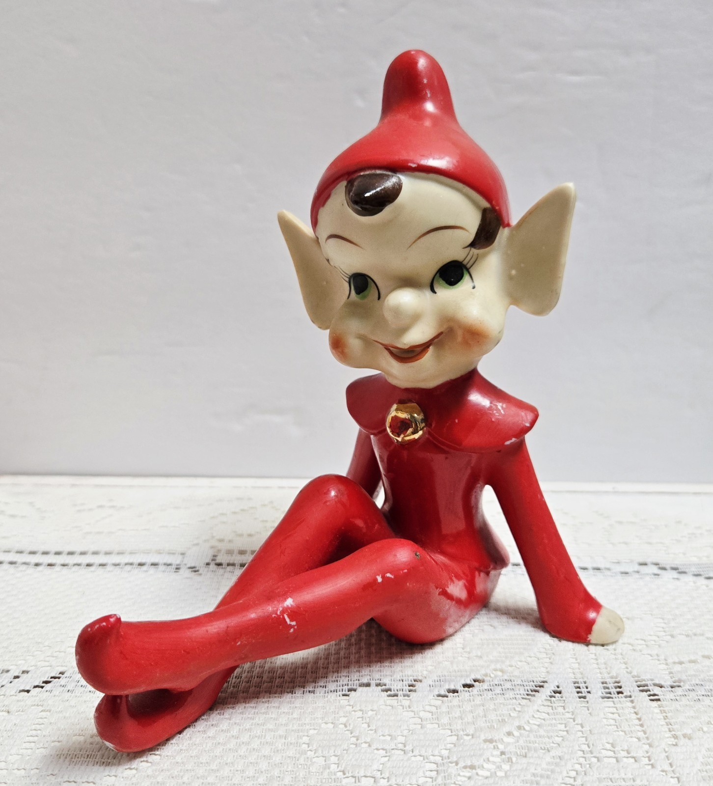 Vintage Christmas Elf Red Ceramic Pixie Figurine with Big Ears 