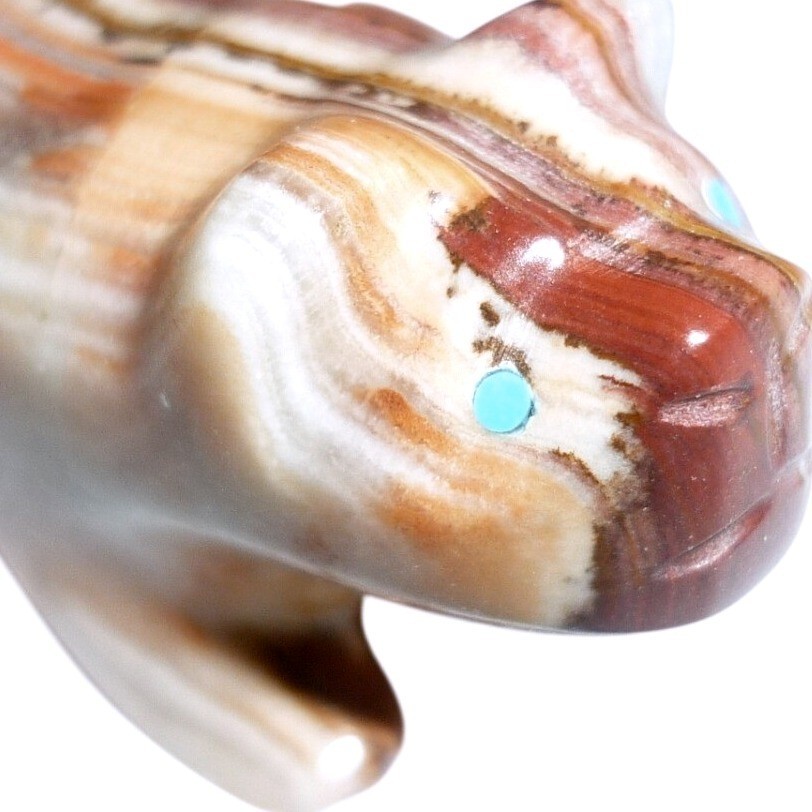 Hand Carved Banded Onyx Zuni Style Bear Fetish Turquoise Eyes 1.5 Inch
