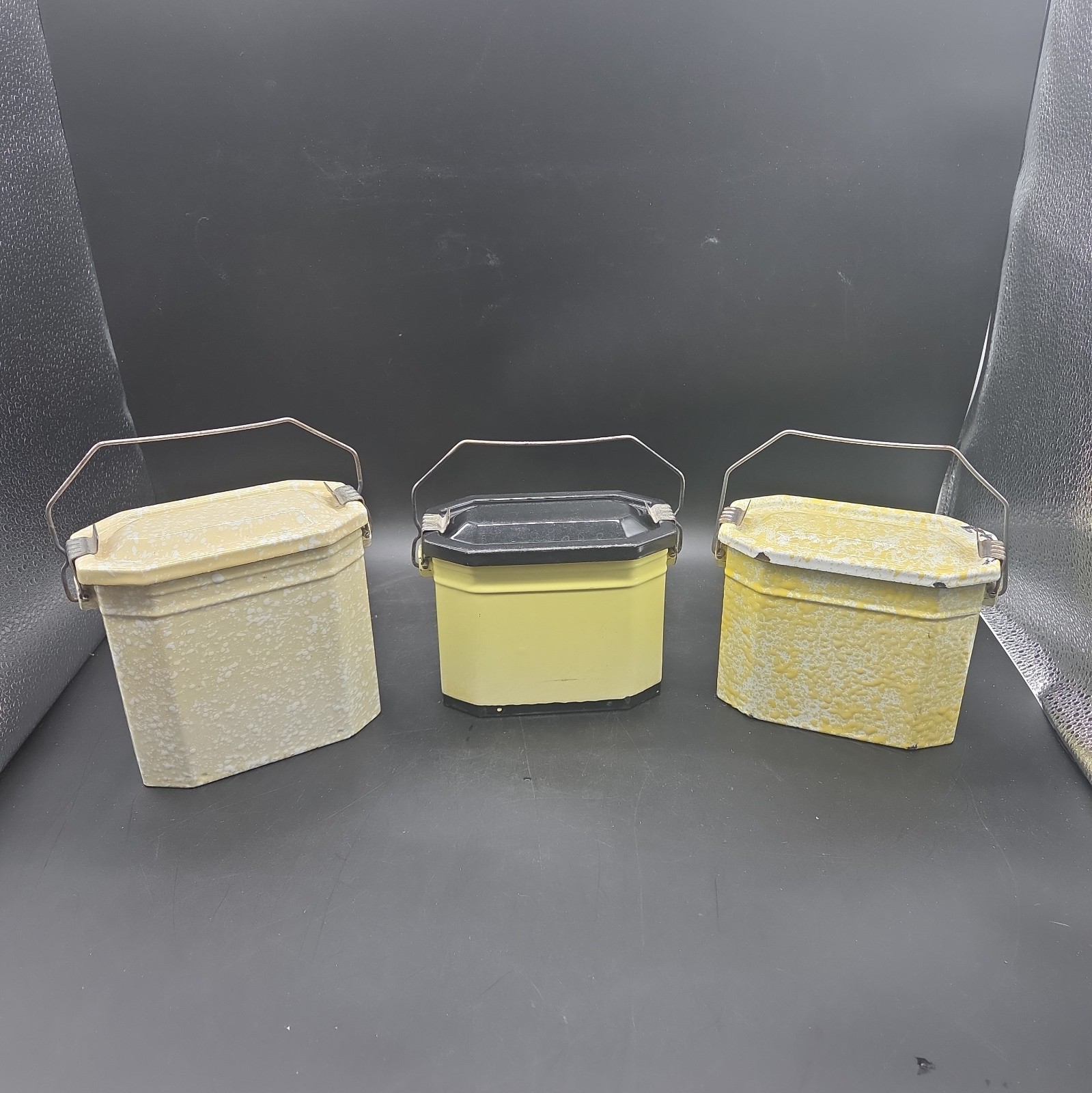 3 Vintage French Enamel Lunch Box Gamelle Set Yellow Speckled Graniteware Trays 3 Vintage French Enamel Lunch Box Gamelle Set Yellow Speckled Graniteware Trays