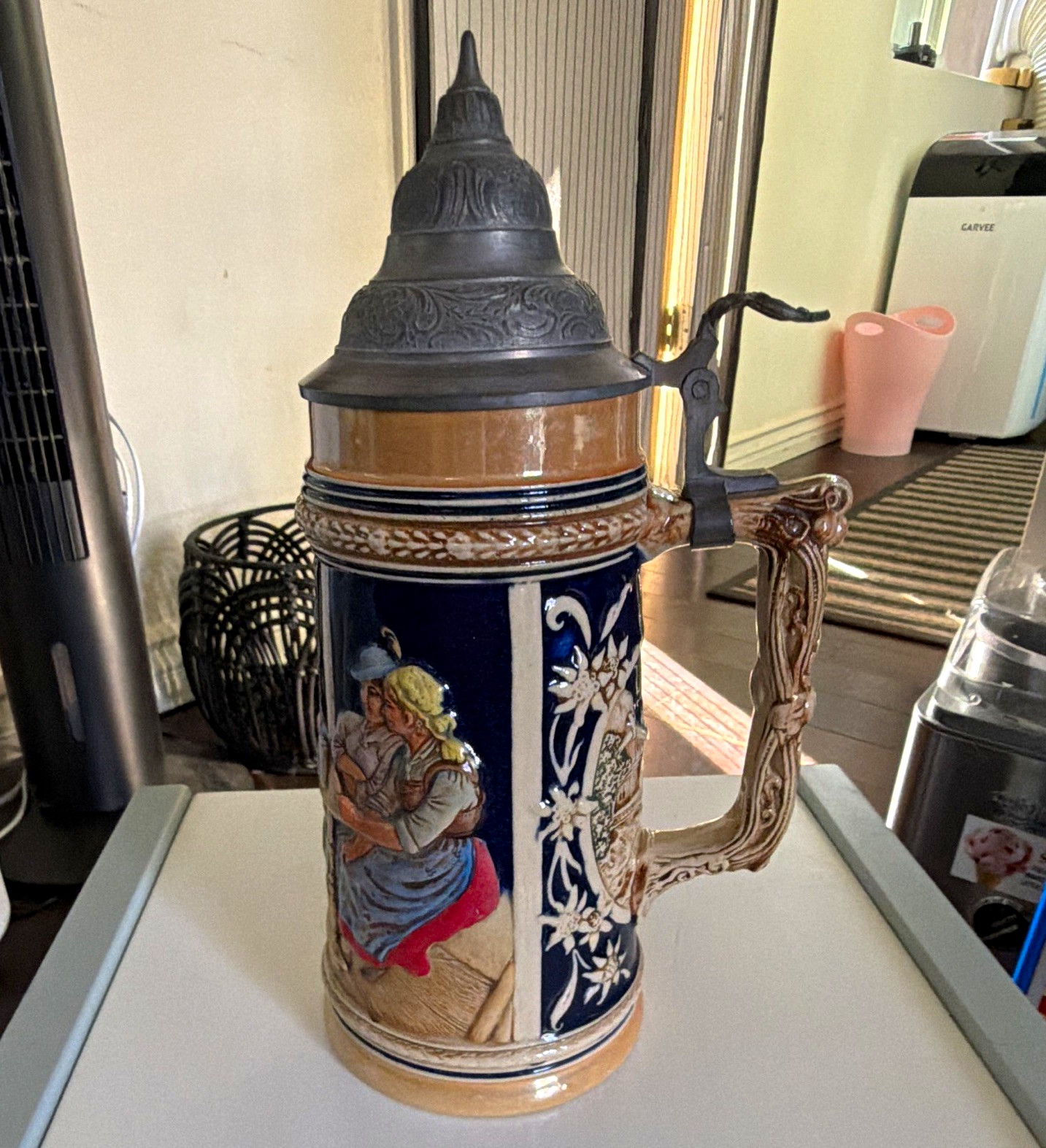 Vintage German Style Beer Stein Hinged Pewter Lid Hand Painted Relief Scene