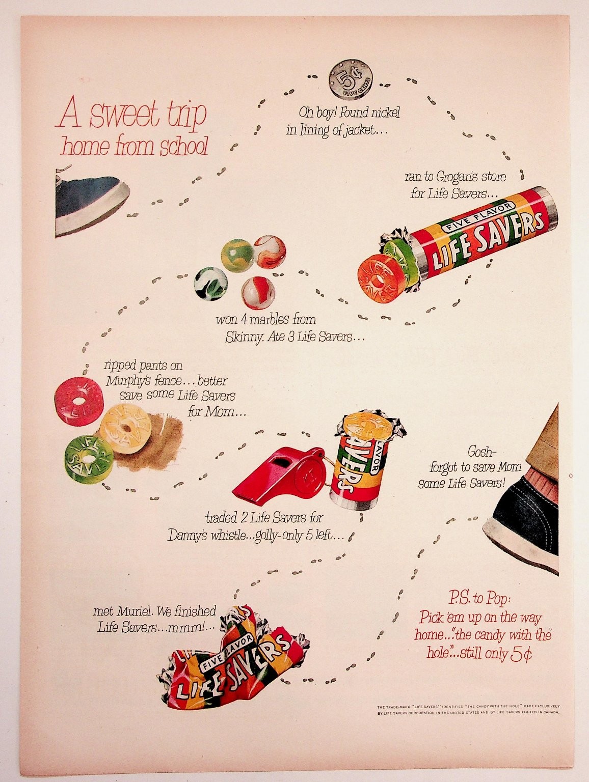 Vintage 1950s Life Savers Candy Ad School Trip Nickel Marbles Whistle Ephemera