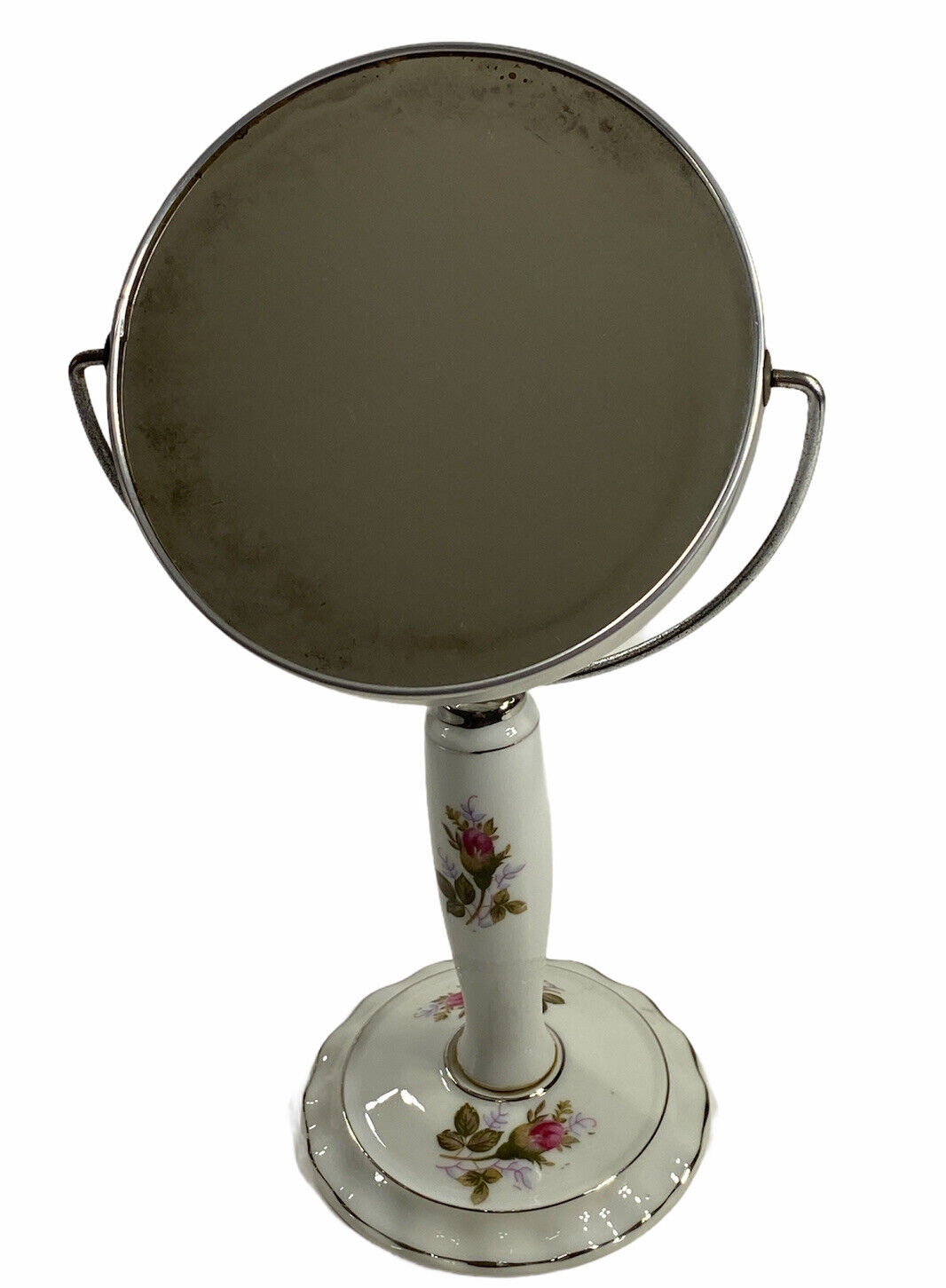 VTG Moss Rose Vanity Magnified Mirror Porcelain Floral Tabletop 2 Sides Rotates