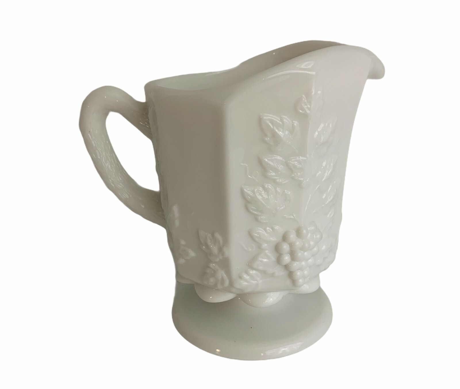 Westmoreland Footed Milk Glass Pitcher Paneled Grape & Vine Pattern Vintage 5” Westmoreland Footed Milk Glass Pitcher Paneled Grape & Vine Pattern Vintage 5”