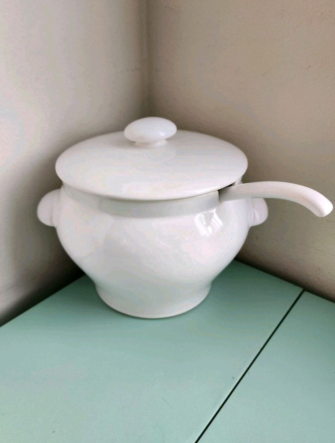 Vintage SECLA Portugal White Ceramic Soup Tureen W/ Lid Serving Bowl Ladle Spoon