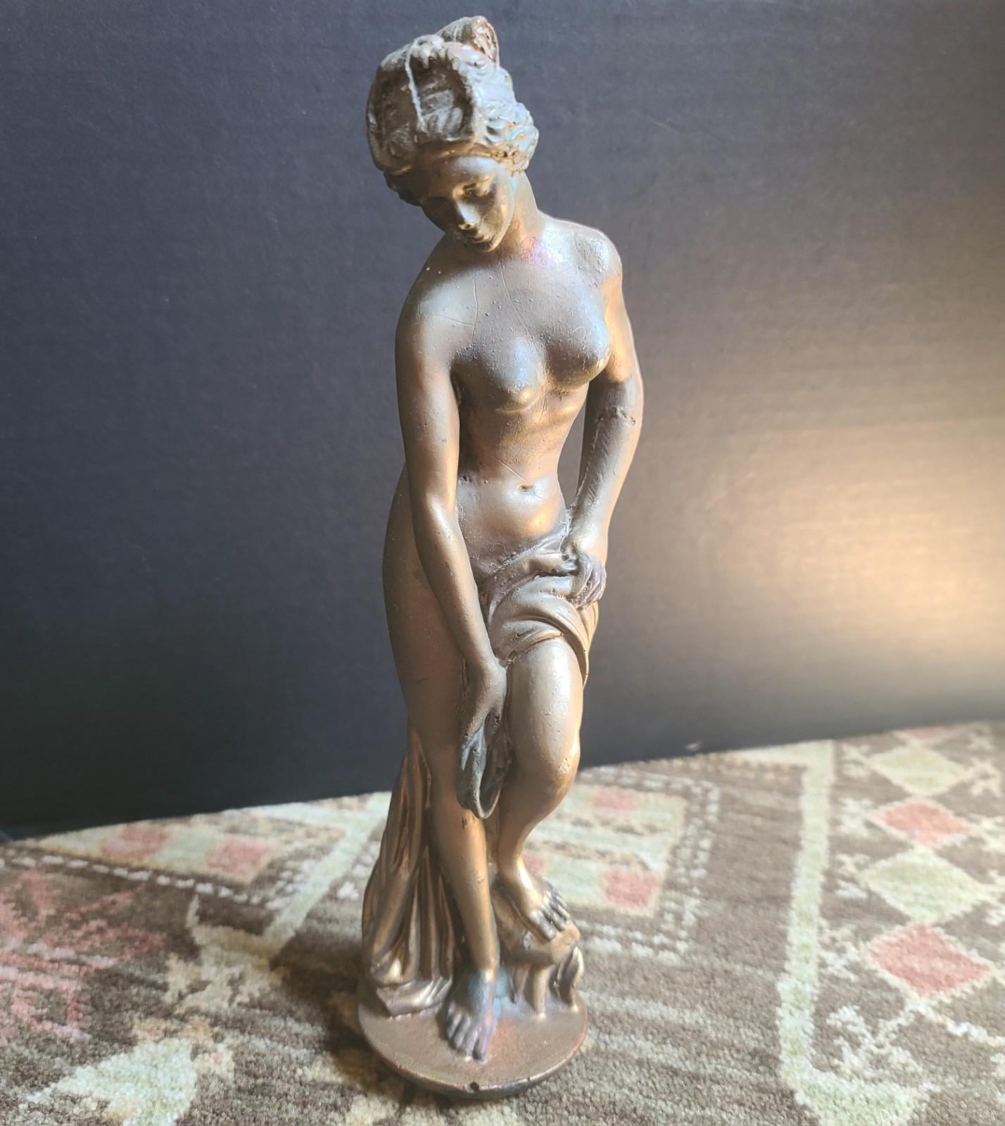 Antique Venus Bathing Figurine Sculpture Bronze Painted Wood Composite 