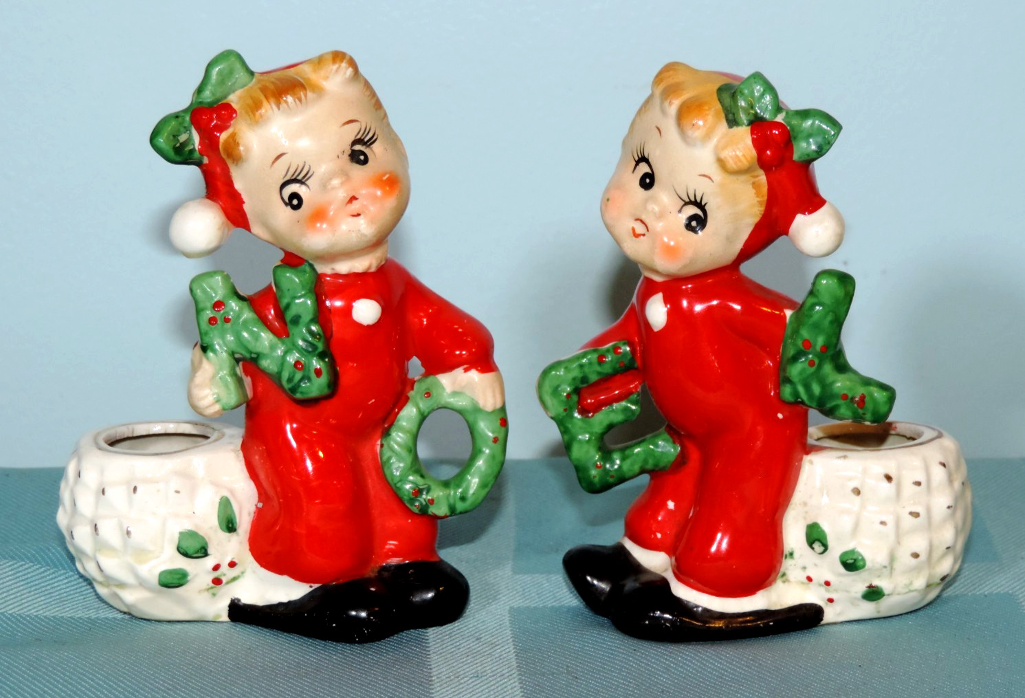 Vintage Commodore Christmas Ceramic Noel Candleholders Pair 1950s