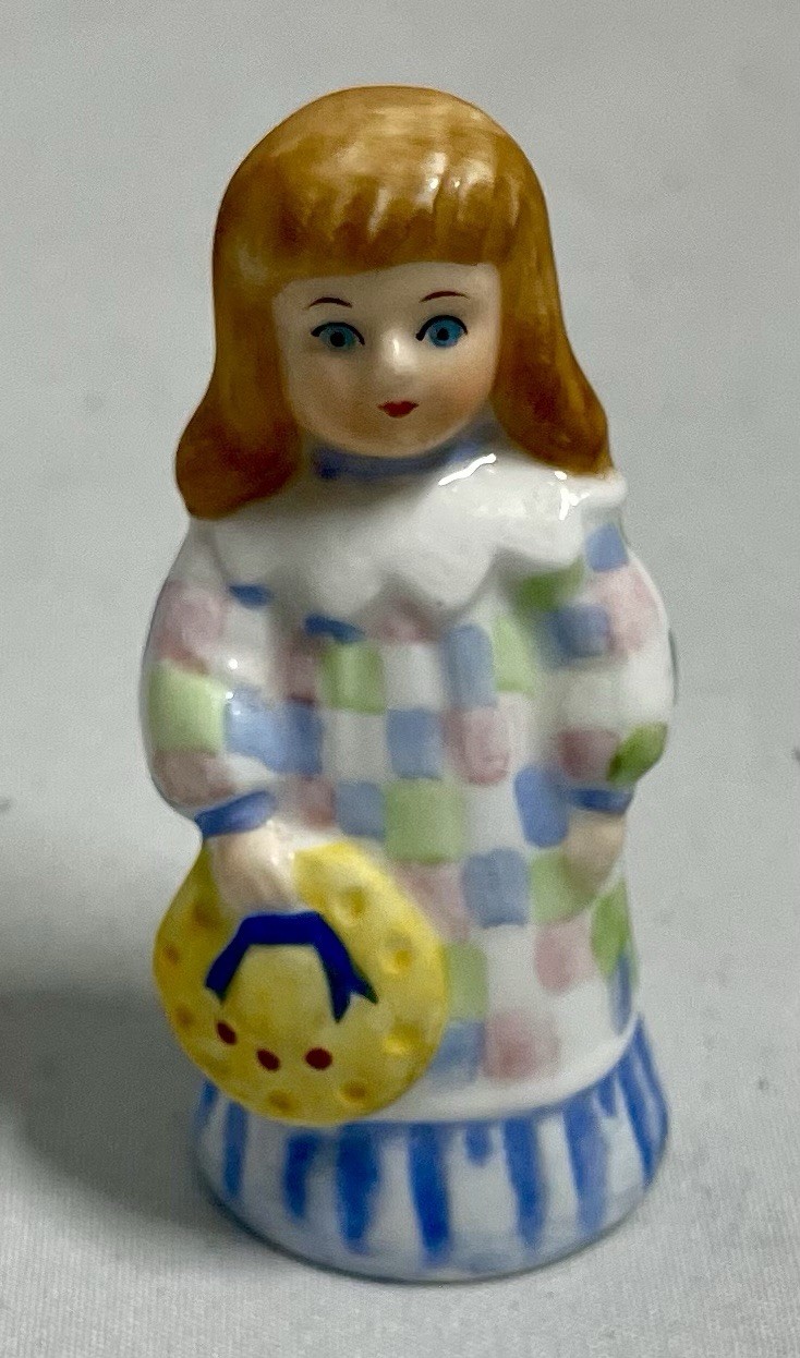 Antique Bone China Maruri Gorham Doll Thimble Figurine Girl Woman Plaid Dress 2”
