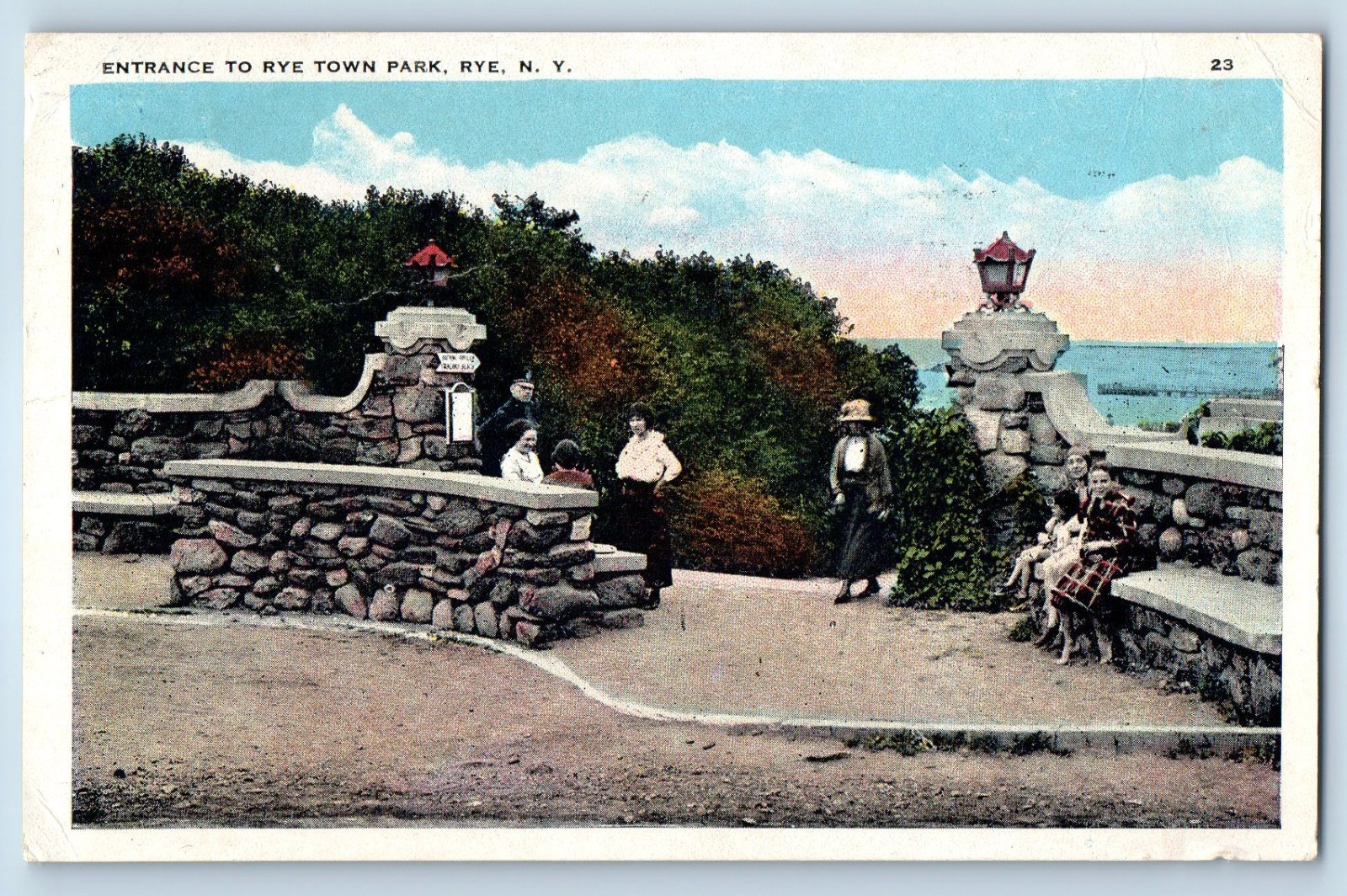 c1930 Rye New York Vintage Postcard Entrance Town Park View Group People Posted