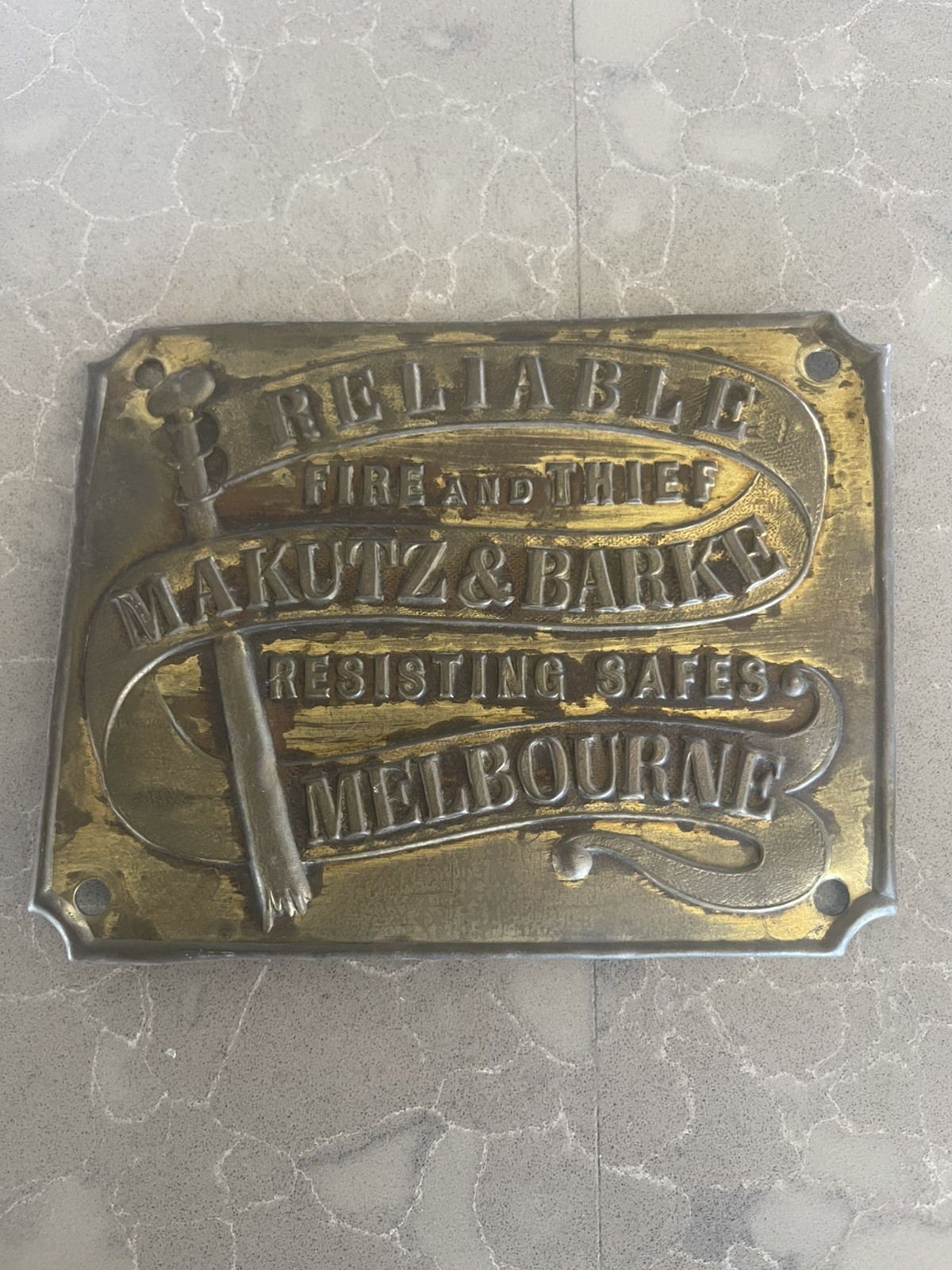 Antique Makutz & Barke Melbourne Safe Plaque Brass Vintage Industrial Sign