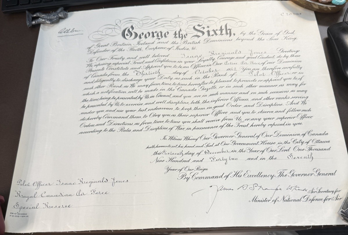 Authentic WWII 1942 RCAF Royal Commission Officer Document Pilot Officer