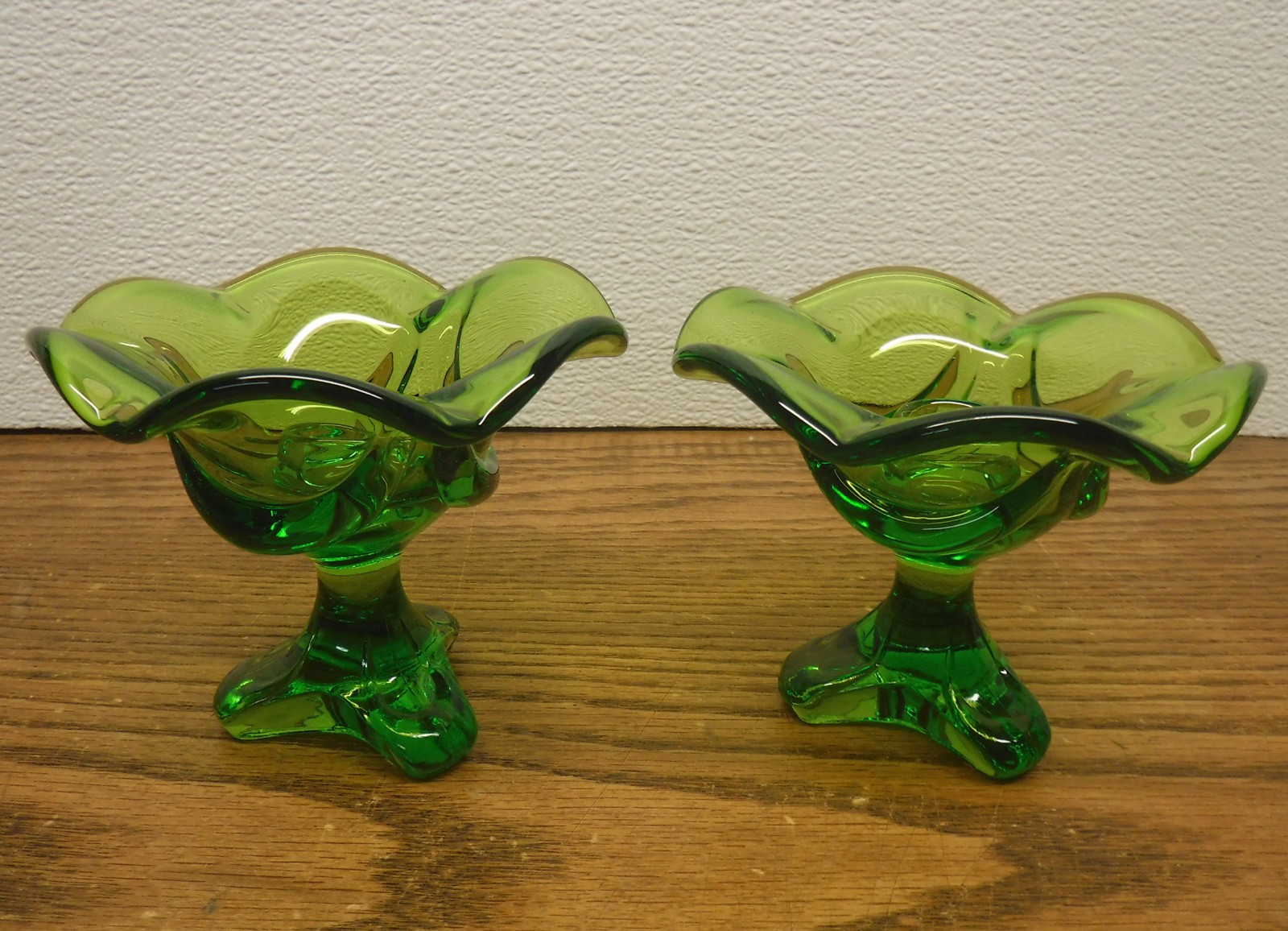 Vintage pr 1960\'s Viking Glass Green Candlestick Holders 4\