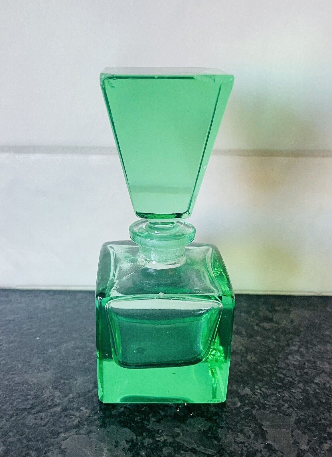 MCM Emerald Glass Perfume Bottle Vanity Art Deco Style Glass Square Design