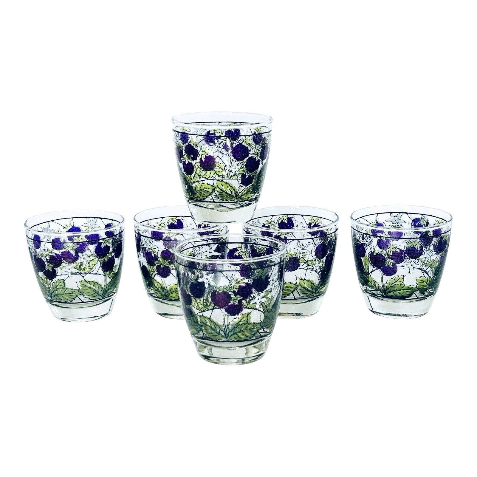 6 VTG 1960s Libbey BERRY BUSH Hand Painted Purple Berries Old Fashioned Glasses