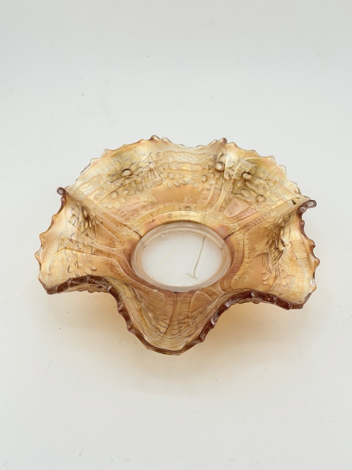 Antique c.1905–1925 Marigold Carnival Glass Bowl Scalloped Floral