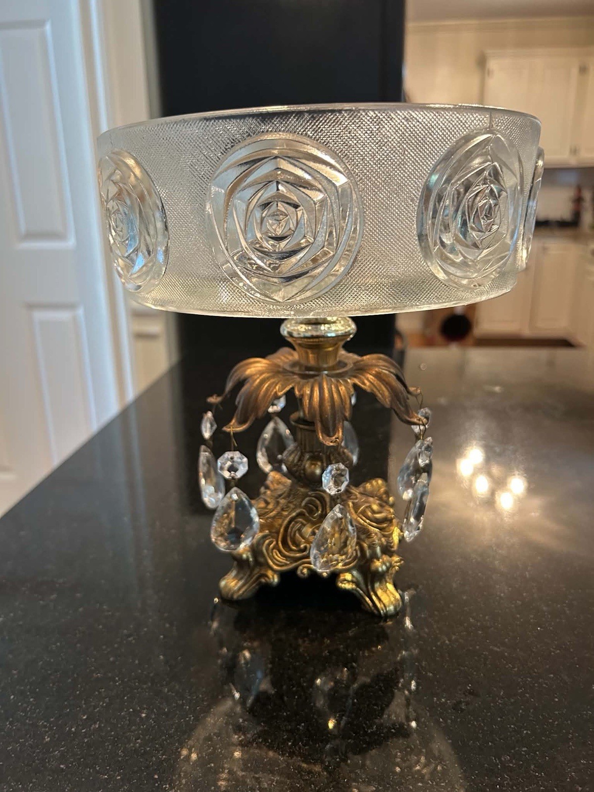 Vintage Rose Pattern Glass Compote with Ornate Brass Base and Crystal Prisms