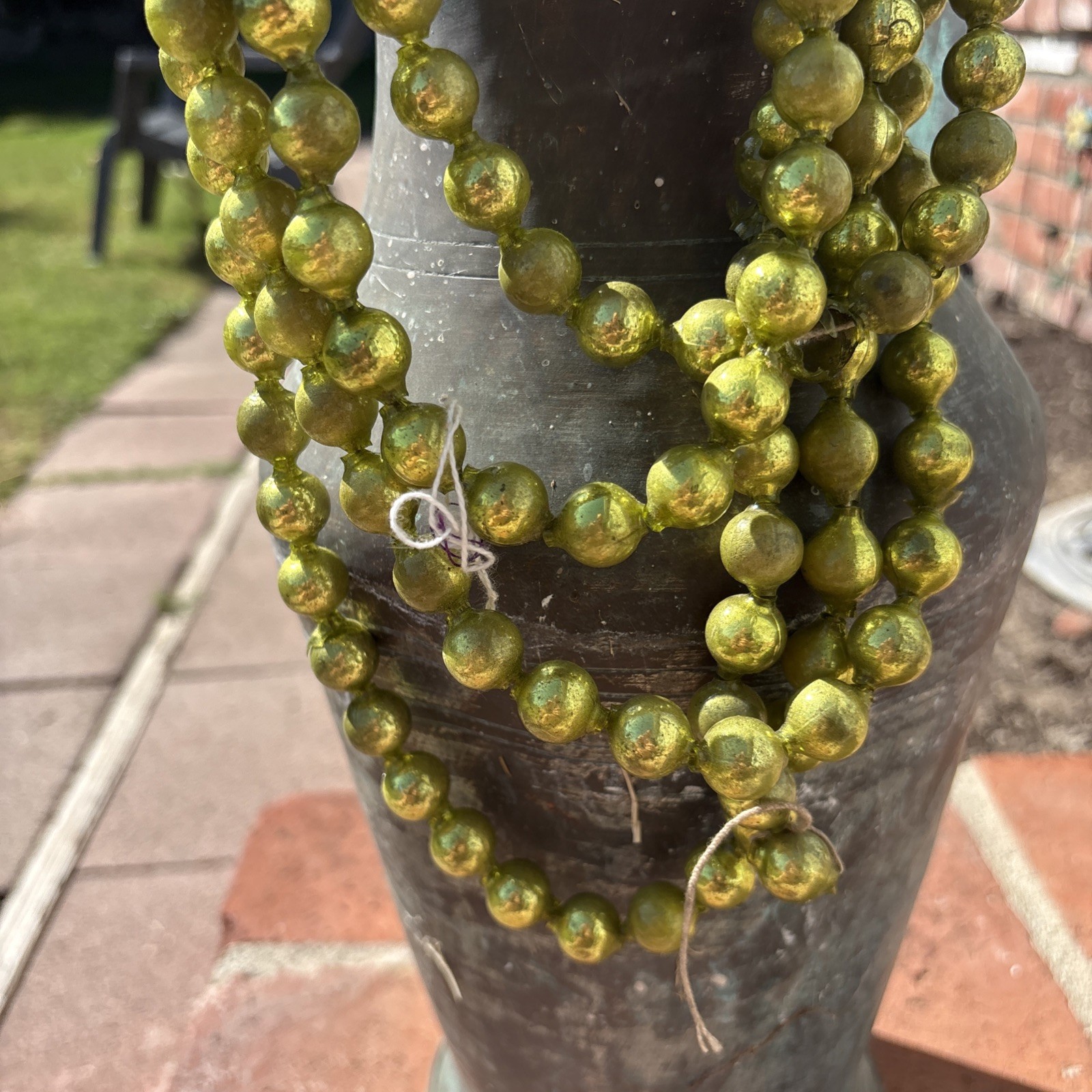 Vtg Mercury Glass Large 1/2” Beads 8 ft Garland Japan Chartreuse Green