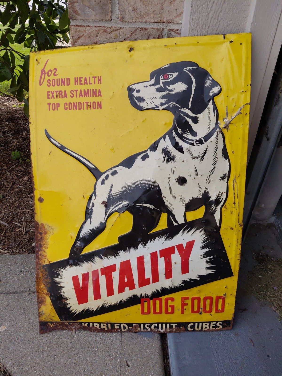 c.1950s Original Vintage Vitality Dog Food Sign Metal Embossed Kibble Purina c.1950s Original Vintage Vitality Dog Food Sign Metal Embossed Kibble Purina