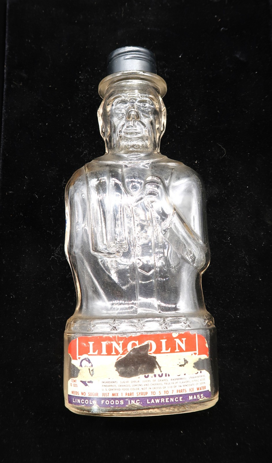 Vtg Abraham Lincoln Glass Bank Bottle Figural Syrup 1950s Lincoln Foods Cap