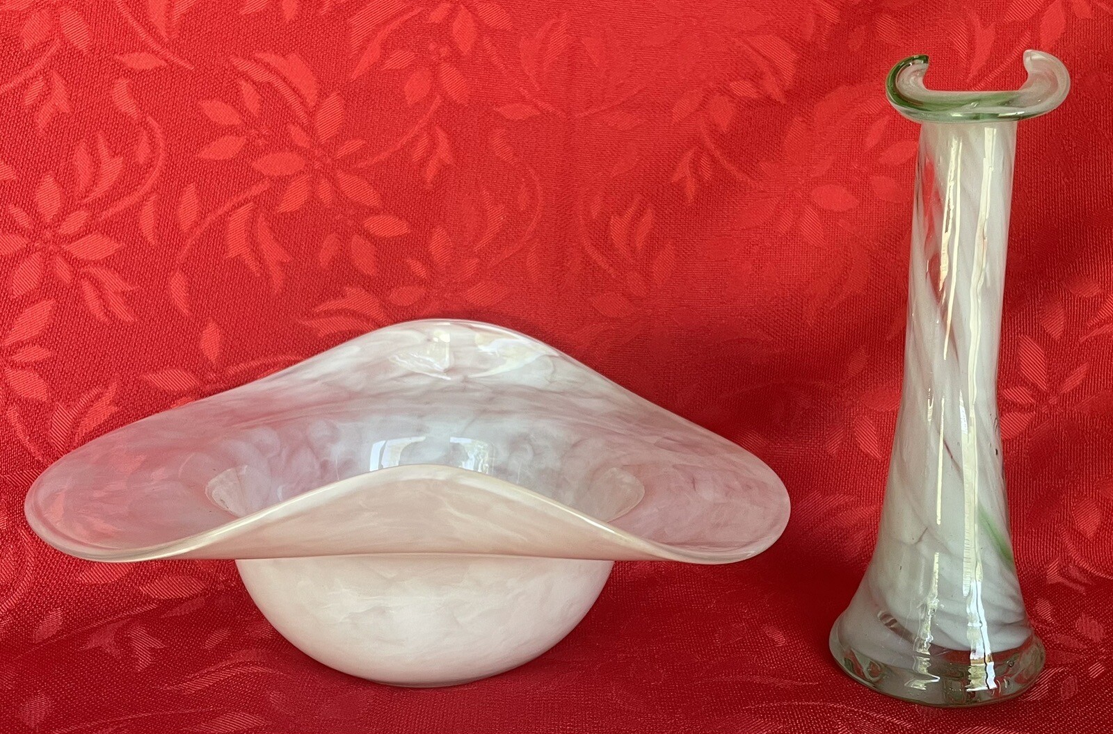 Opalescent 9” Folded Bowl & Ruffled 7” Vase Vtg Glass Set of 2