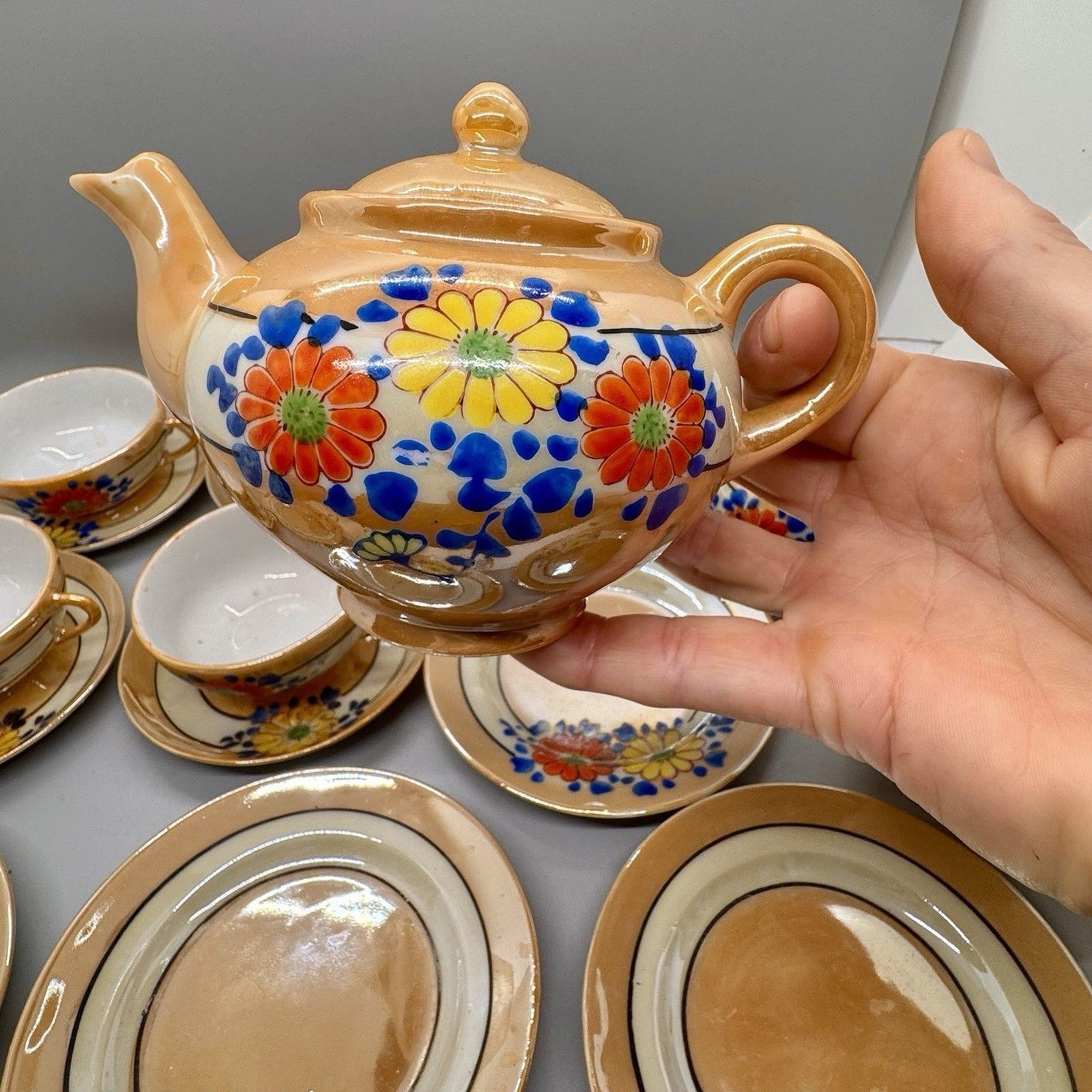 Vintage MCM Japan Orange Floral Lusterware Iridescent 17 Piece Porcelain Tea Set