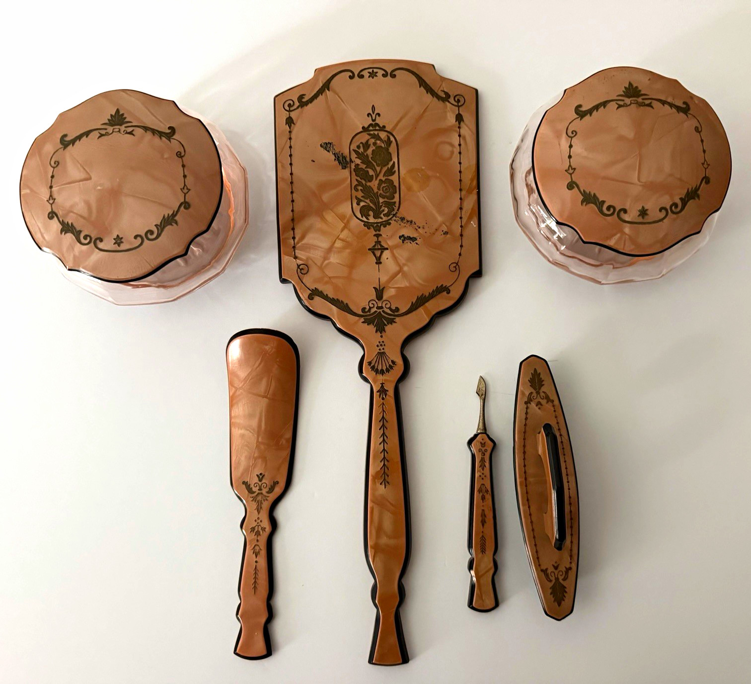 Vintage Pink/Peach Floral Vanity Set: Hand Mirror, Shoe Horn, Nail Items, 2 Jars Vintage Pink/Peach Floral Vanity Set: Hand Mirror, Shoe Horn, Nail Items, 2 Jars
