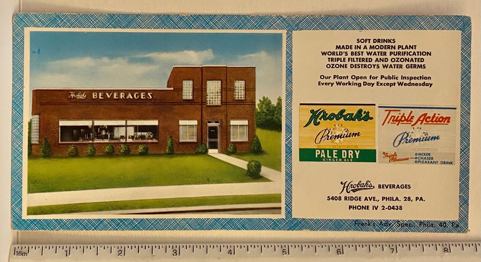 Krobak’s Beverages Adv Ink Blotter Philadelphia PA Manufacturing Plant Soda