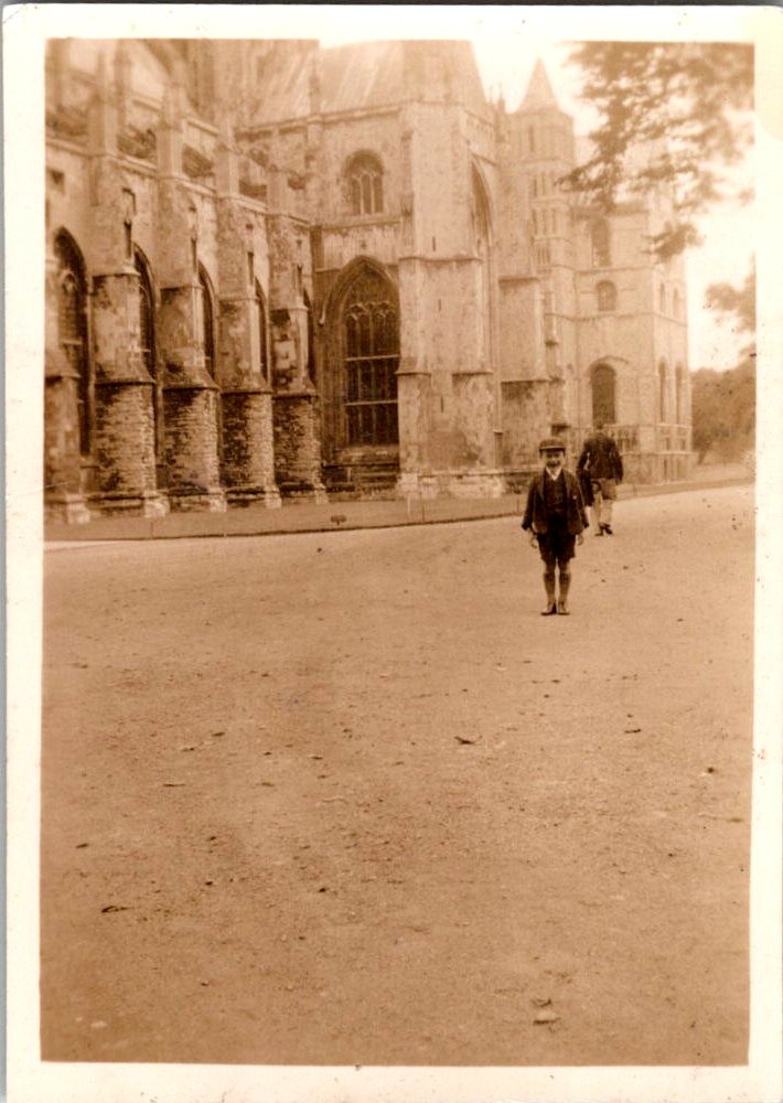 Vtg B&W Snapshot Boy in Cap Jacket Shorts By Gothic Cathedral Church 1920s Vtg B&W Snapshot Boy in Cap Jacket Shorts By Gothic Cathedral Church 1920s