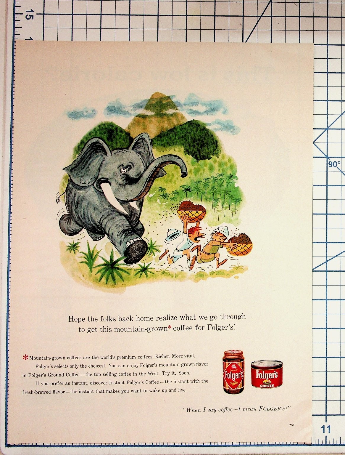 Vintage Folger\'s Coffee Ad Elephant Cartoon Mountain-Grown