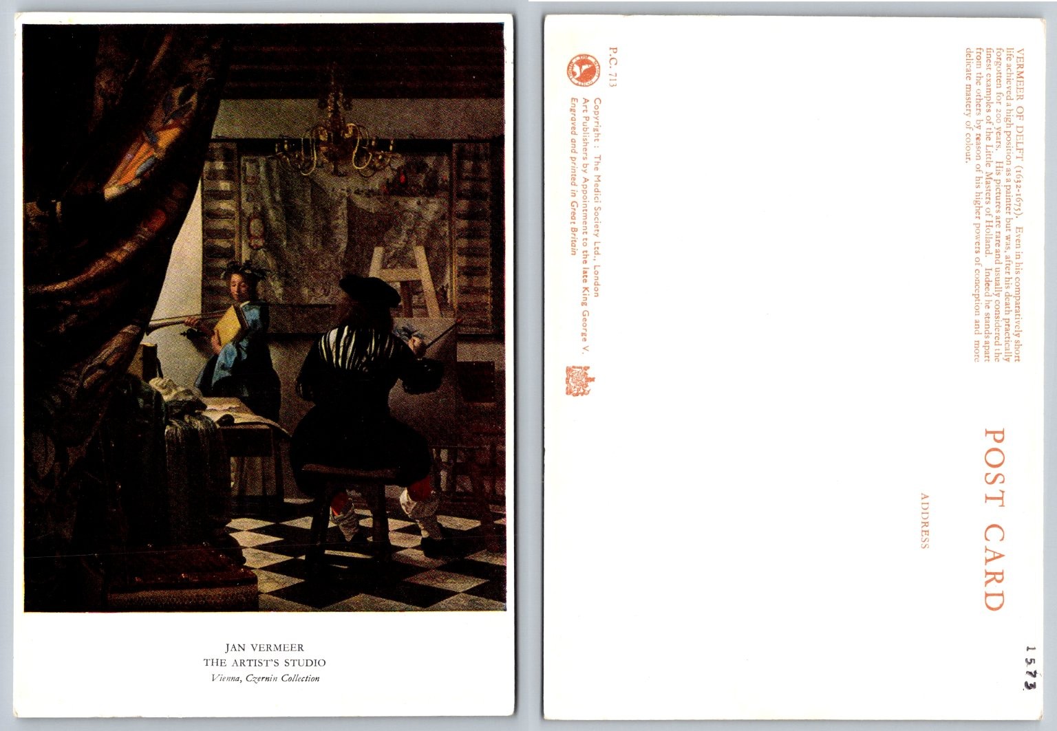 Jan Vermeer The Artist's Studio Medici Society Art Postcard