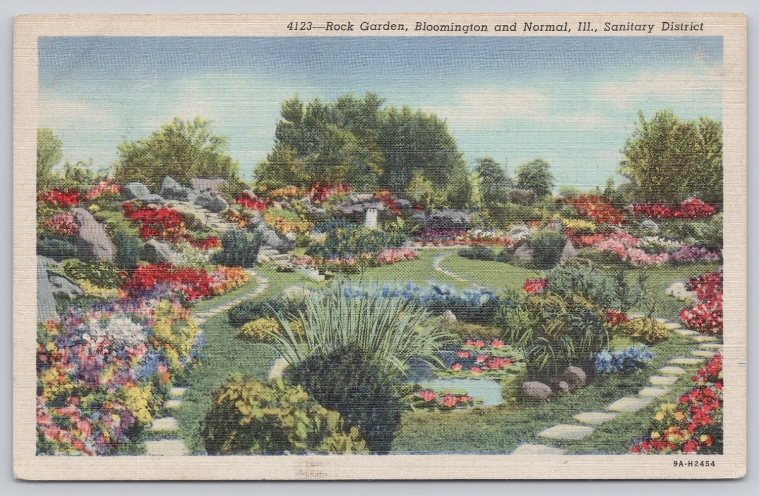 Rock Garden Bloomington Normal IL Curteich Linen Postcard 1947 Rock Garden Bloomington Normal IL Curteich Linen Postcard 1947