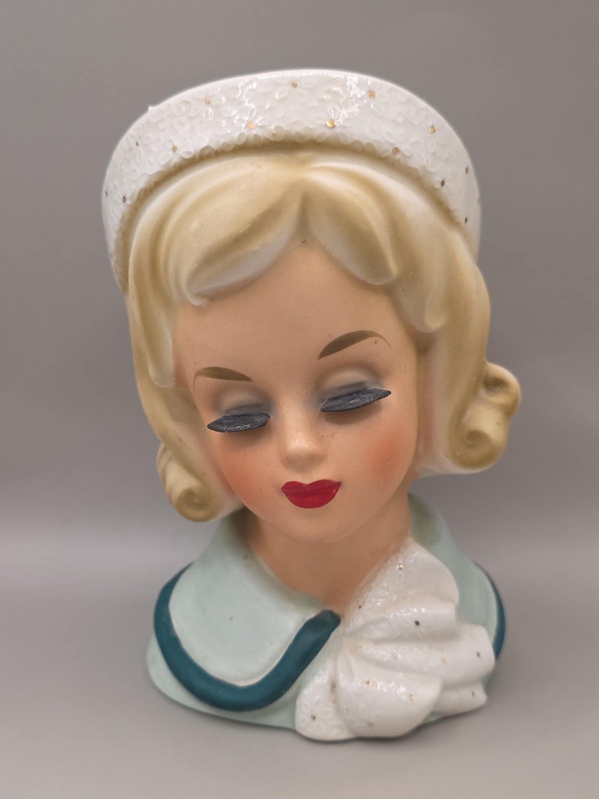 Vintage Blonde Lady Head Vase/Planter Green And White Top  w/Matching Hat