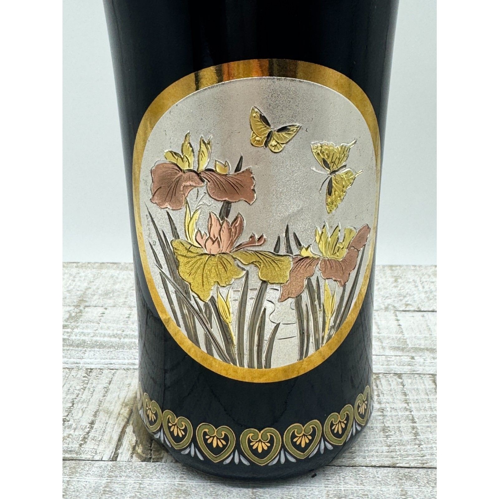 Vintage Japanese Chokin Black Vase with Floral and Butterfly Design, Gold Trim