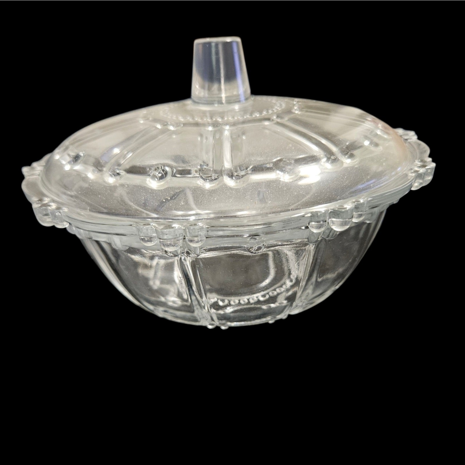 Vintage Clear Pressed Glass Covered Candy Dish Beaded Pattern Lid