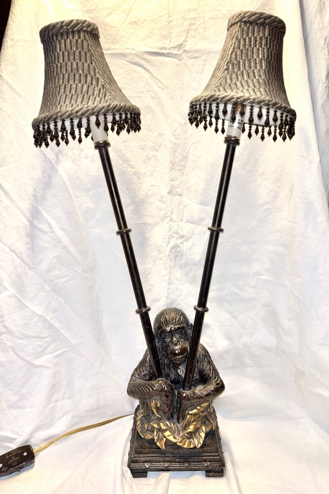 Vintage Maitland Smith Style Figural Bellhop Monkey Lamp Double Light Shades