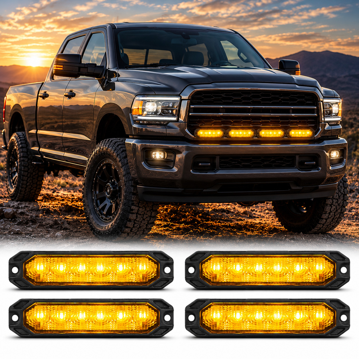 4Pcs Amber 6 LED Emergency Strobe Lights 12-24V Grille Surface Mt 17 Flash Modes