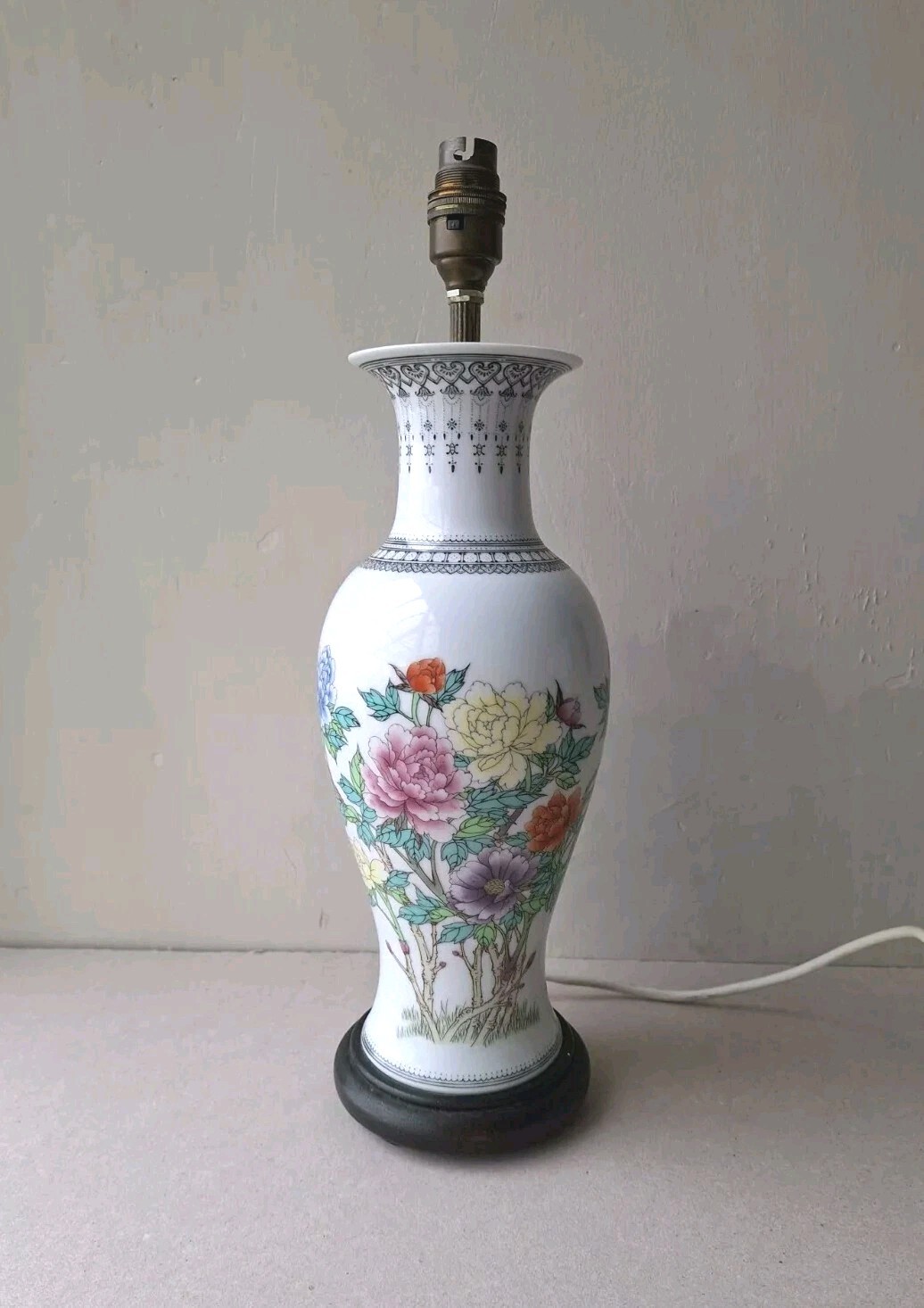 Vintage Chinese Porcelain Vase Table Lamp, Famille Rose, Flowers & Poem