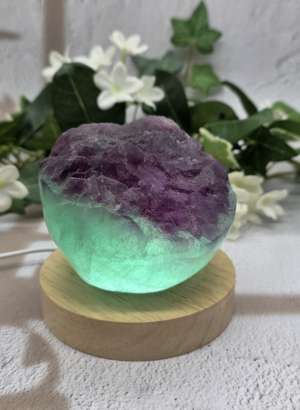 Natural Fluorite Cupcake Polished Freeform Purple Aqua Crystal w/ Light Stand 