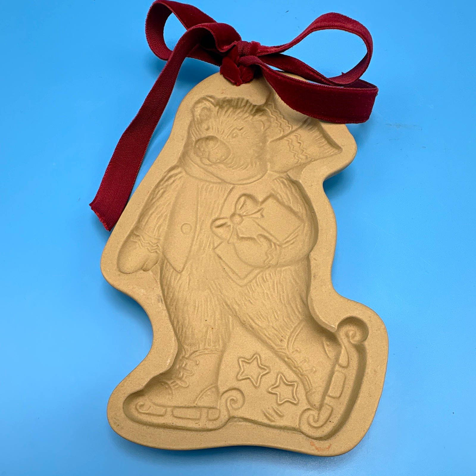Vintage Brown Bag Cookie Art Skating Bear Ceramic Cookie Stamp Mold 7x6in