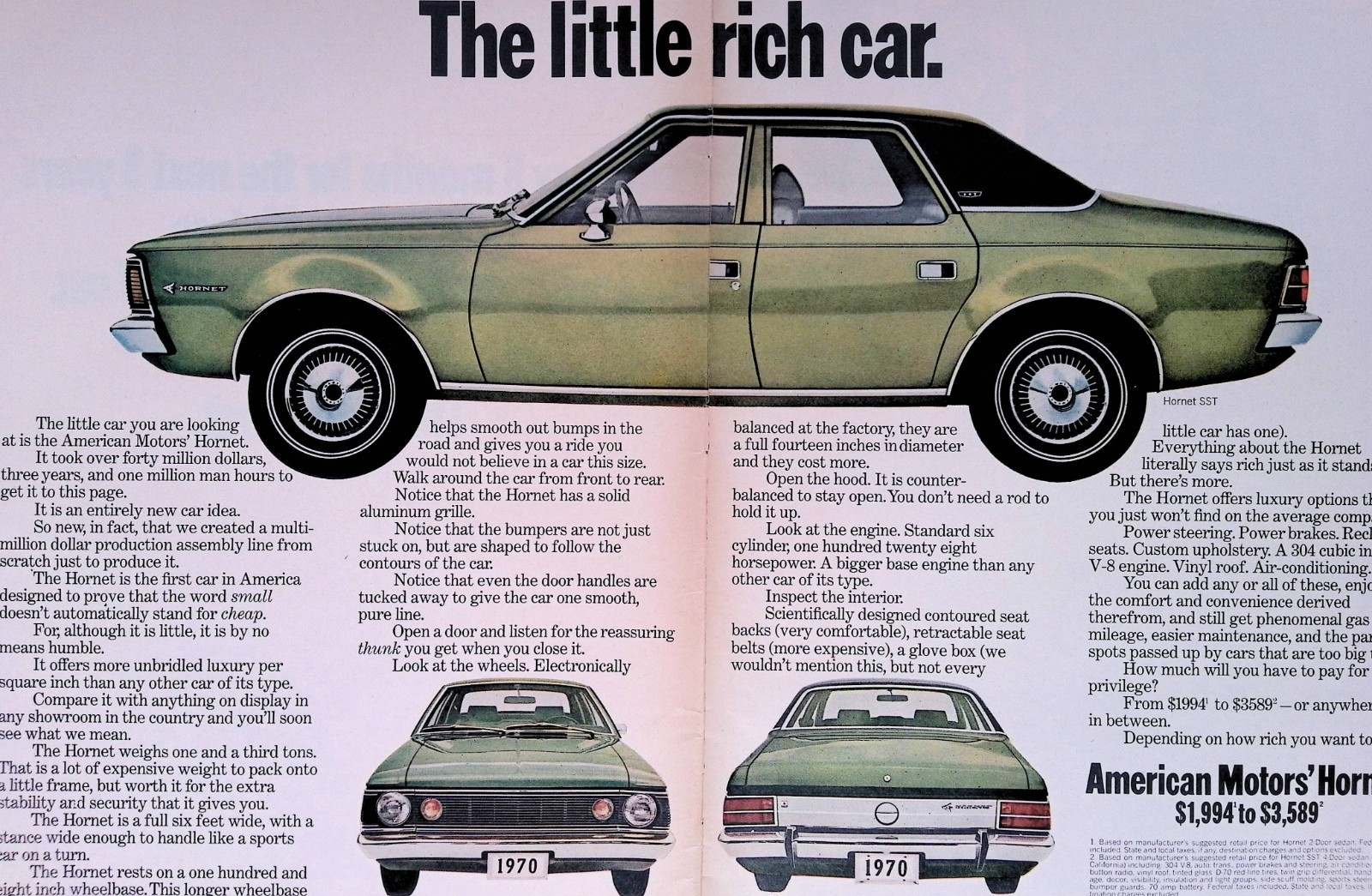 1969 The Little Rich Car American Motors Hornet Print Ad Life Oct 3 two pgs